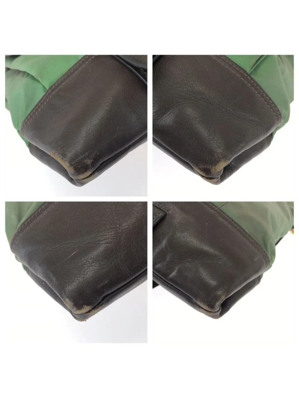 Prada Vintage Tessuto Front Logo Green Dark Brown Gold Nylon Leather Shoulder